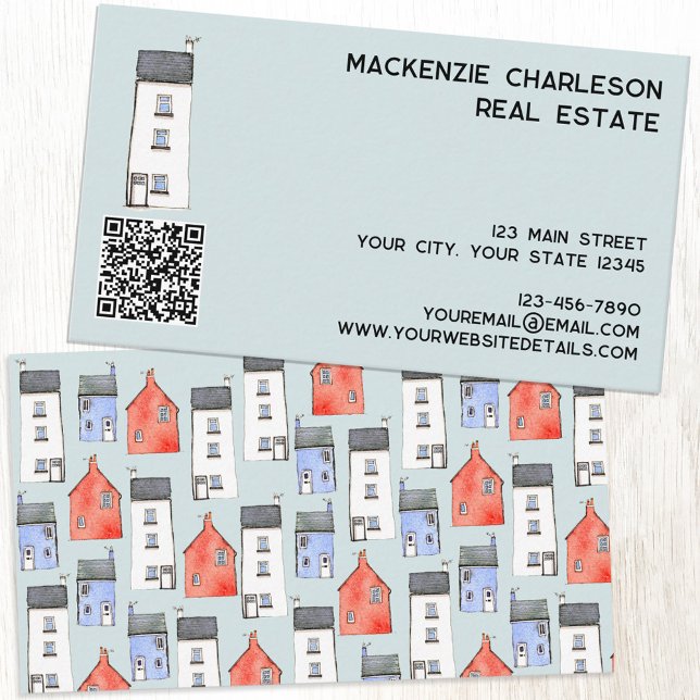 QR-Code für Wasserfarben Visitenkarte (Watercolor house QR code custom business card for real estate agent, builder, home renovations)