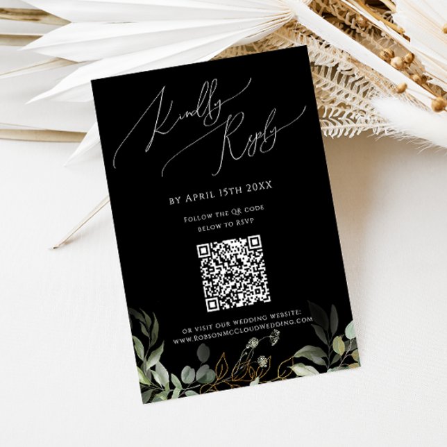QR-Code für Whimsical Greenery Black und Gold RSVP Karte (Von Creator hochgeladen)
