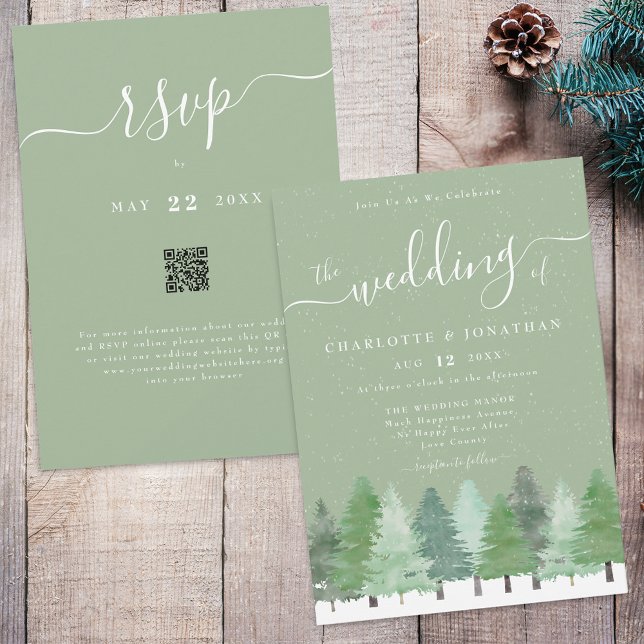 QR-Code für "Winter Woodland Sage Green Wedding" Einladung (Winter Woodland forest watercolor sage green and white wedding qr code invitation)