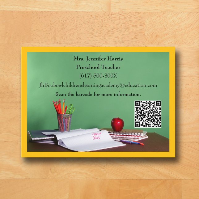 QR-Code Gelb Grundschule Vorschullehrer  Visitenkarte (Yellow Business Card for Teacher )