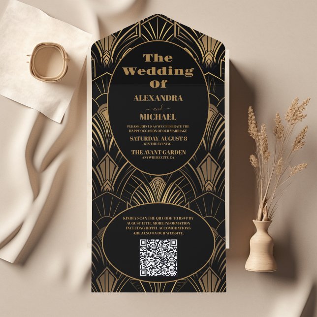 QR Code Geometric Art Deco Wedding All In One Einladung (Von Creator hochgeladen)