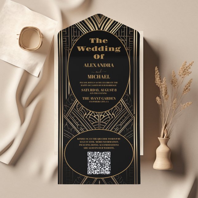QR Code Geometric Art Deco Wedding All In One Einladung (Von Creator hochgeladen)