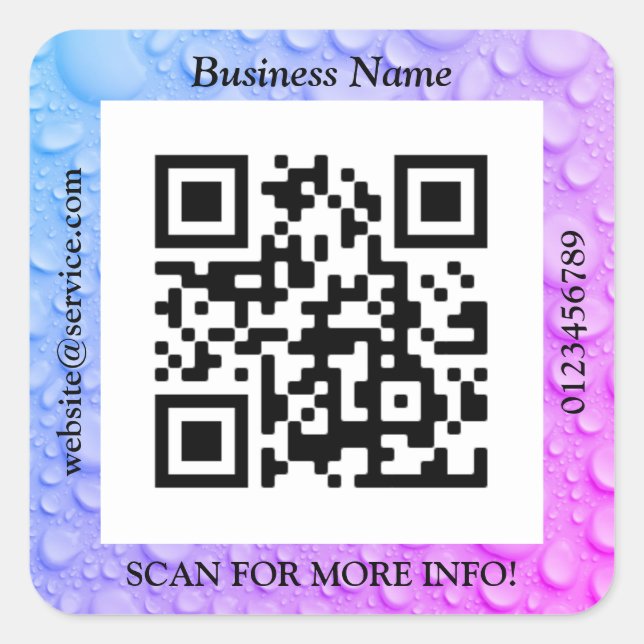 QR-Code Geschäft. Name Website Promo, Wassertropfe Quadratischer Aufkleber (Vorderseite)