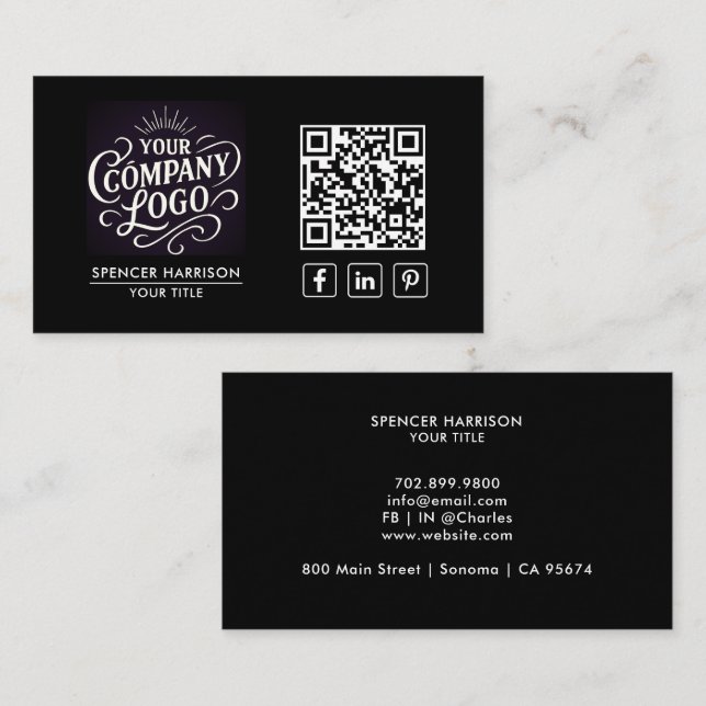QR-Code Geschäftslogo Modern Professionell Schwarz Visitenkarte (Vorne/Hinten)