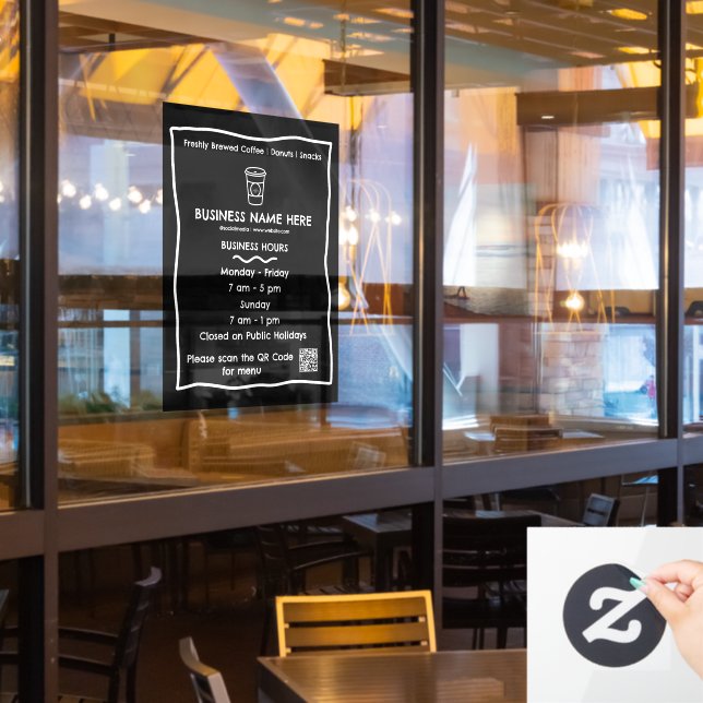 QR Code Geschäftszeiten für Black & White Cafe Fensteraufkleber (Restaurantfenster)