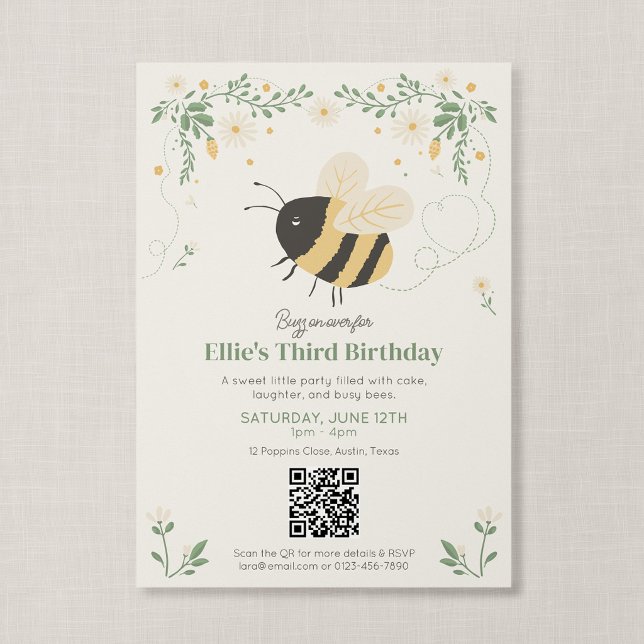 QR-Code-Geschichtsbuch Honigbiene Kindergeburtstag Einladung (Wildflower Flight - Honeybee QR Code Birthday Invitation)