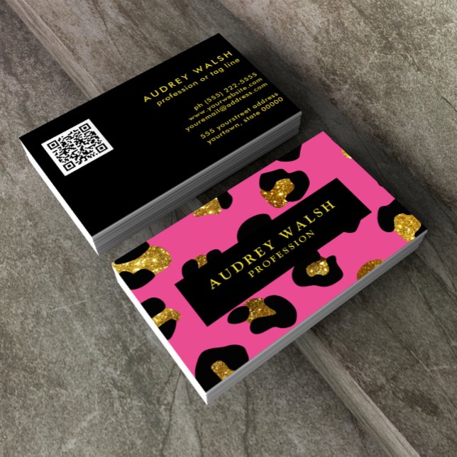 QR CODE Glam Glitzer Gold Fuchsia Leopard Print Visitenkarte (Von Creator hochgeladen)