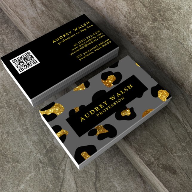 QR CODE Glam Glitzer Gold Gray Leopard Print Luxe Visitenkarte (Von Creator hochgeladen)