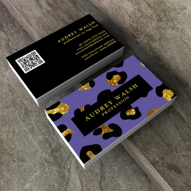 QR CODE Glam Glitzer Lila Leopard Print Luxe Visitenkarte (Von Creator hochgeladen)