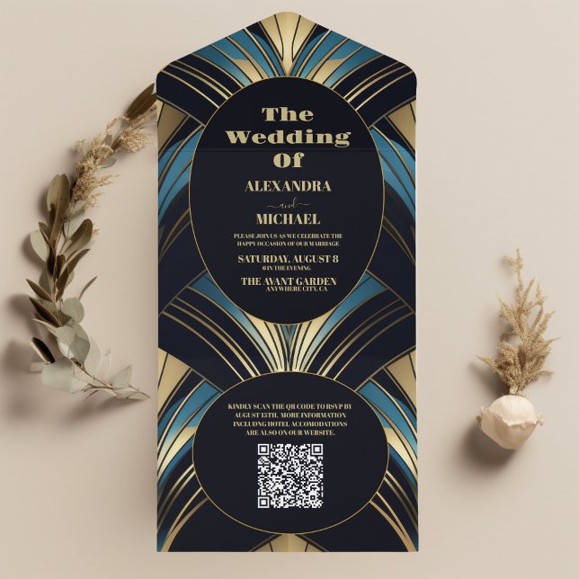 QR Code Glamour Blue and Gold Art Deco Wedding All In One Einladung (Von Creator hochgeladen)