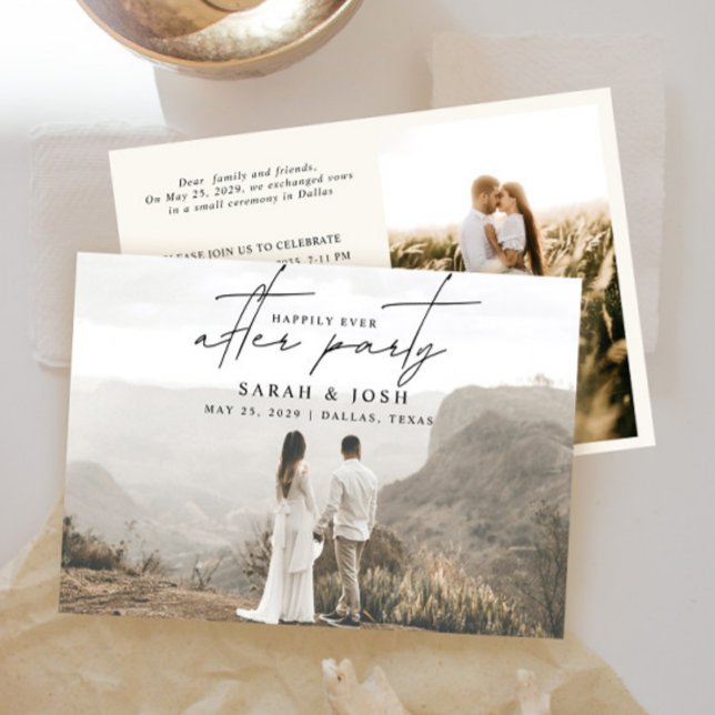 QR-Code glücklich immer nach 2 Foto Creme Hochzeit Ankündigung (Easily personalize this wedding reception invite with your wedding photos, personal message & deets)