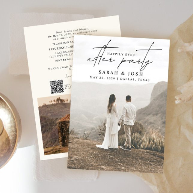QR-Code glücklich immer nach Party Creme 2 Foto Ankündigung (Easily personalize this wedding reception invitation with your wedding photos and details!)