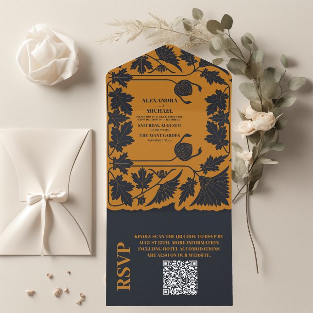 QR Code Gold Blue Art Nouveau Hochzeit All In One Einladung (Von Creator hochgeladen)