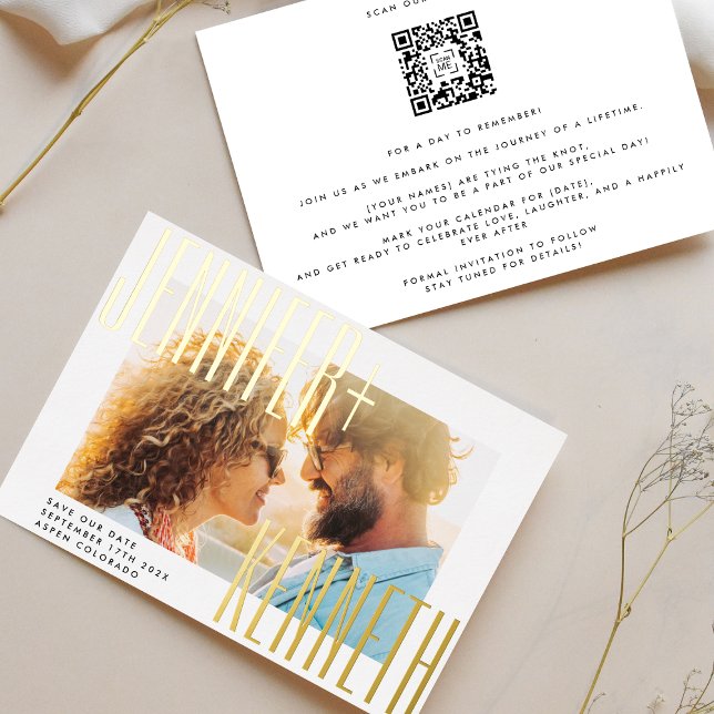 QR CODE GOLD BOLD NAMES FOTO SAVE THE DATE FOLIENEINLADUNG (Von Creator hochgeladen)