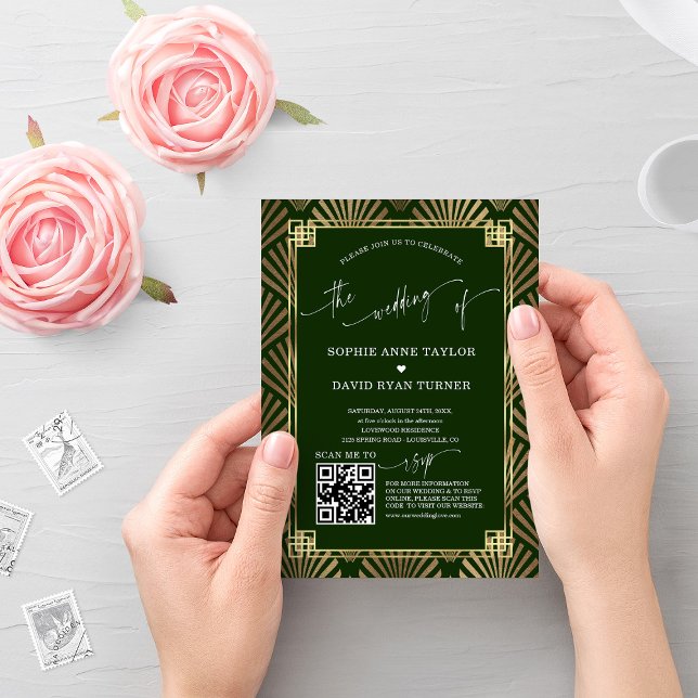 QR Code Gold Dunkelgrüne Art Deco Hochzeit Einladung (Von Creator hochgeladen)