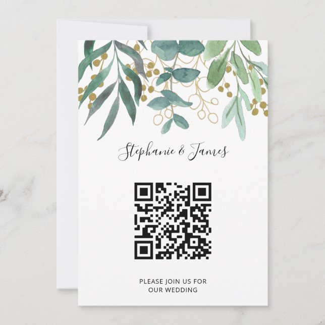 QR Code Gold Eucalyptus Berries Einladung Hochzeit (Vorderseite)