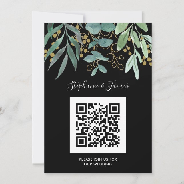 QR Code Gold Eukalyptus Black Wedding Einladung (Vorderseite)