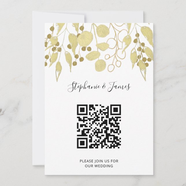 QR Code Gold Foliage Wedding Einladung (Vorderseite)