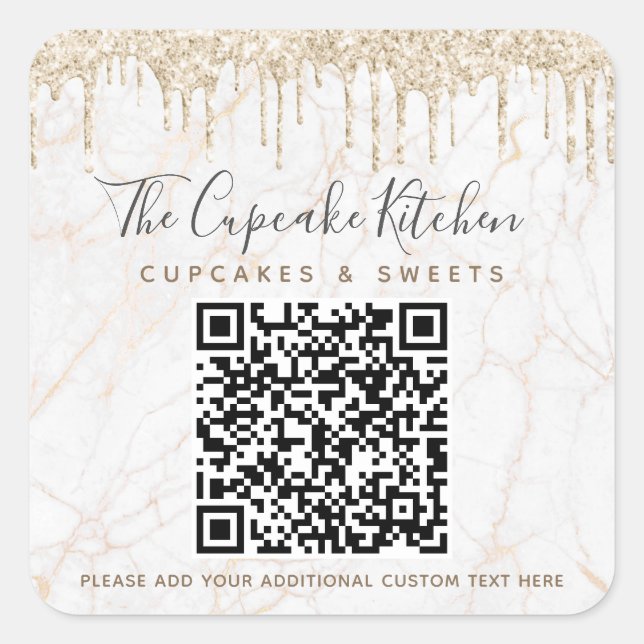 QR Code Gold Glitzer Marmormor Tropfen Firmenname Quadratischer Aufkleber (Vorderseite)