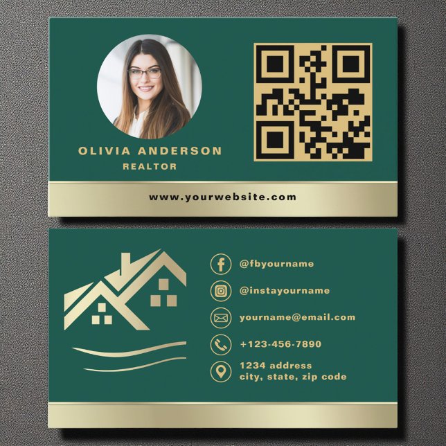 QR Code Gold House Green Real Estate Realtor Visitenkarte (Von Creator hochgeladen)