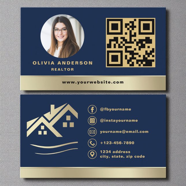 QR Code Gold House Navy Blue Real Estate Realtor Visitenkarte (Von Creator hochgeladen)