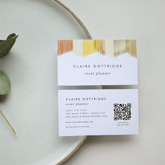 QR Code Gold Modern Fringe Business Card Visitenkarte (Golden yellow Modern Fringe QR code business card.)