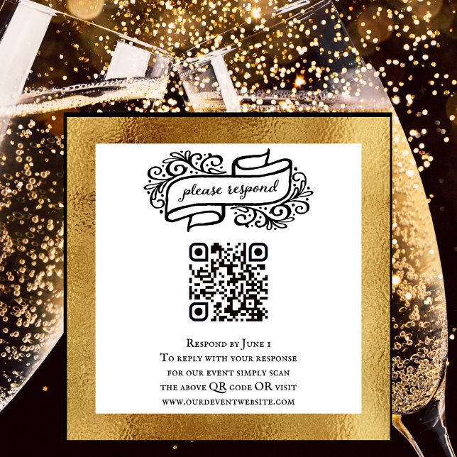 QR-Code Gold Schwarz-weißes Party Event UAWG Begleitkarte (Elegant Unique QR code to send to guests. RSVP card for birthdays and other special events. )