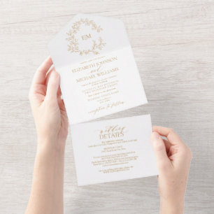 QR-Code Goldener Blattmonogramm-Hochzeit All In One Einladung