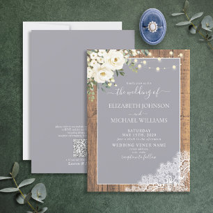 QR Code Gray Rustic Wood Lace Skript Hochzeit Einladung