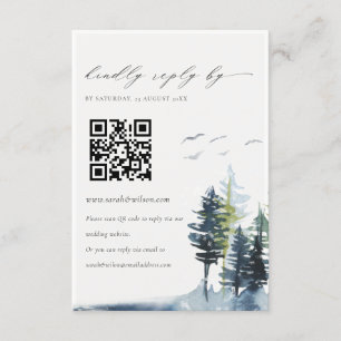 QR Code Green Blue Pine Forest Birds Wedding RSVP Begleitkarte