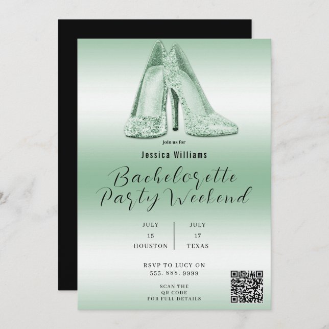 QR CODE Green Glitzer Shoes Bachelorette Einladung (Vorne/Hinten)