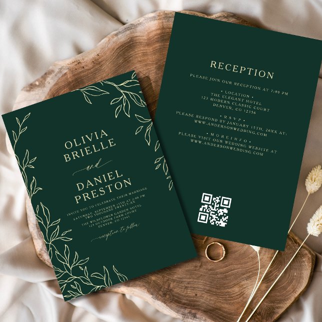 QR Code Green Gold Minimal Leaf Hochzeit Einladung (Von Creator hochgeladen)
