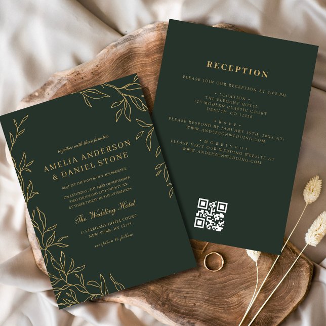 QR Code Green Gold Minimal Leaf Hochzeit Einladung (Von Creator hochgeladen)