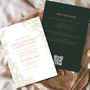 QR Code Green Gold Minimal Leaf Hochzeit Einladung