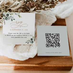 QR Code Greenery Gold Wedding Website RSVP Cards Quadratische Visitenkarte