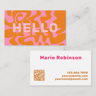 QR Code Groovy Orange Pink Retro Squiggles Visitenkarte