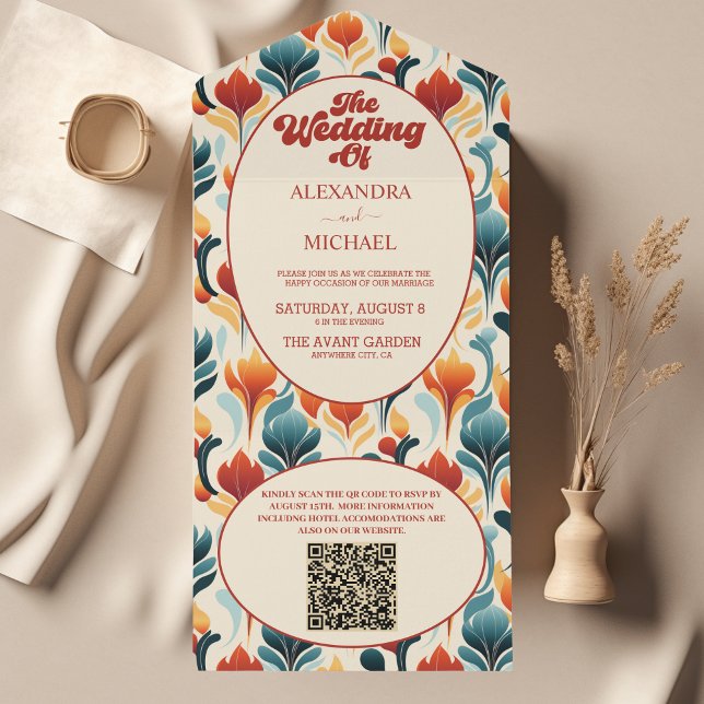 QR Code Groovy Retro 70er Floral Wedding All In One Einladung (Von Creator hochgeladen)