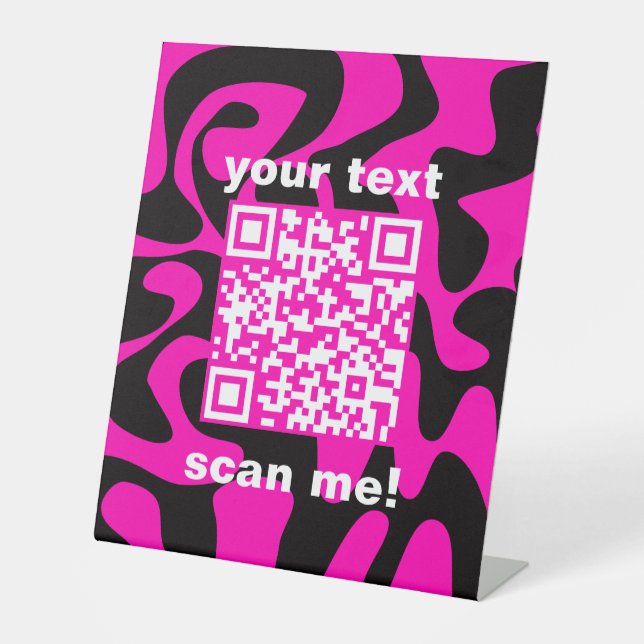 QR Code Groovy Retro Hot Pink Black Stand Business Sockelschild (Vorderseite)