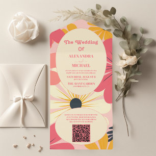 QR Code Groovy Retro Rosa & Gold Hochzeit All In One Einladung