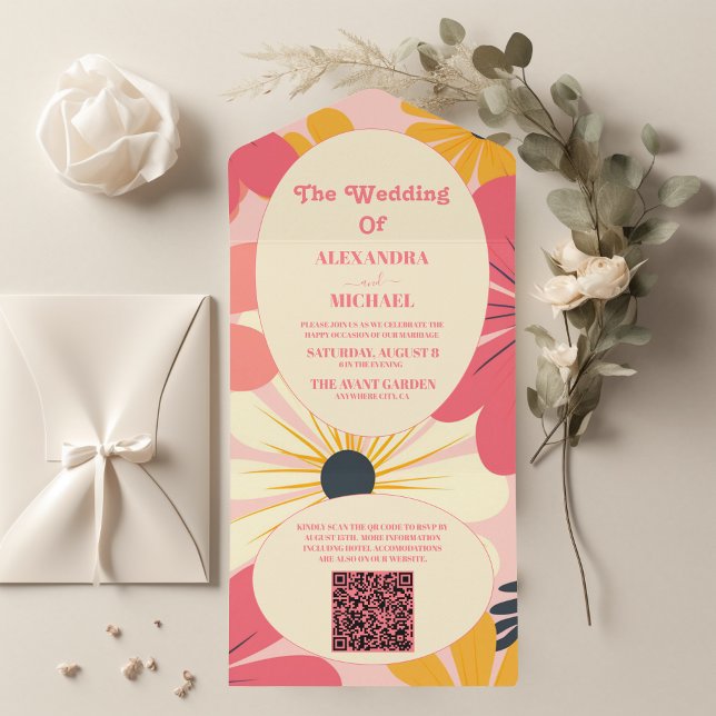 QR Code Groovy Retro Rosa & Gold Hochzeit All In One Einladung (Von Creator hochgeladen)