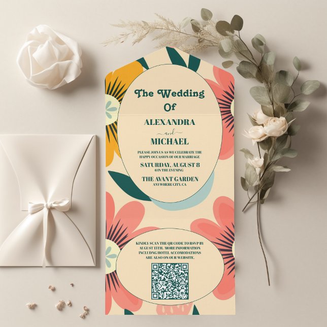 QR Code Groovy Retro Rosa & Gold Hochzeit All In One Einladung (Von Creator hochgeladen)