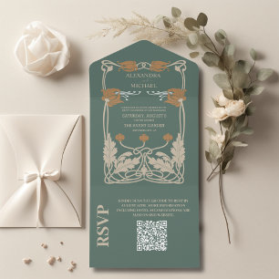 QR-Code Grün Jugendstil Hochzeit All In One Einladung