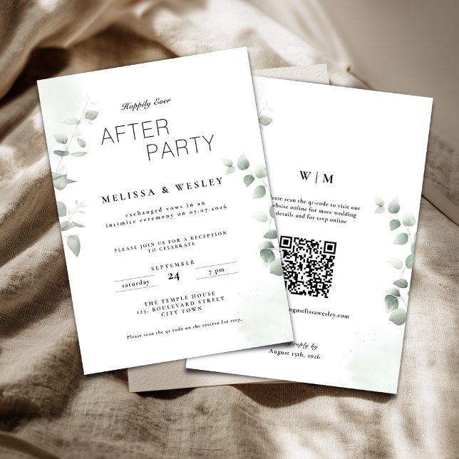 QR-Code Grünes Happily Ever After Party Hochzeit Einladung (Happy ever after party wedding reception invitation with greenery eucalyptus details.)