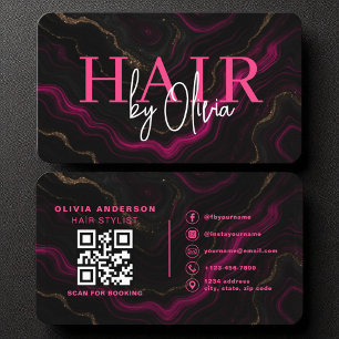 QR Code Haar Stylist Black Hot Pink Agate Marble Visitenkarte