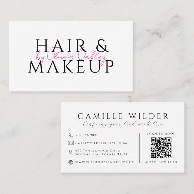 QR-Code Haar- und Make-up-Blush-Pink-Script-Name Visitenkarte (Vorne/Hinten)
