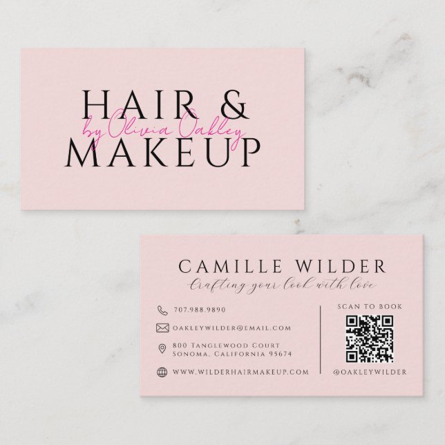 QR-Code Haar- und Make-up-Blush-Pink Visitenkarte (Vorne/Hinten)