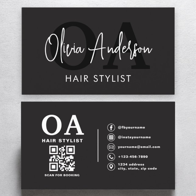QR Code Haare Stylist Monogramm Moderne Typografie Visitenkarte (Von Creator hochgeladen)