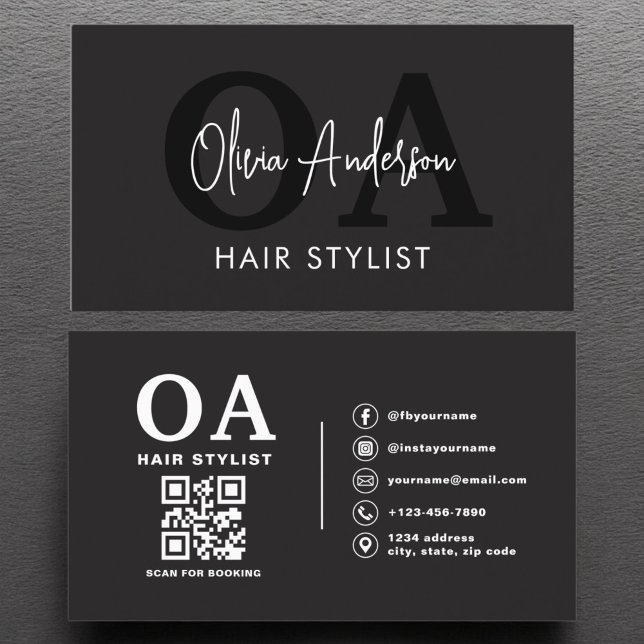 QR Code Haare Stylist Monogramm Moderne Typografie Visitenkarte (Von Creator hochgeladen)