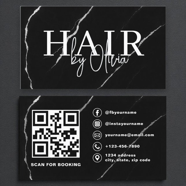 QR Code Haare Stylist Silver Black Marble Visitenkarte (Von Creator hochgeladen)