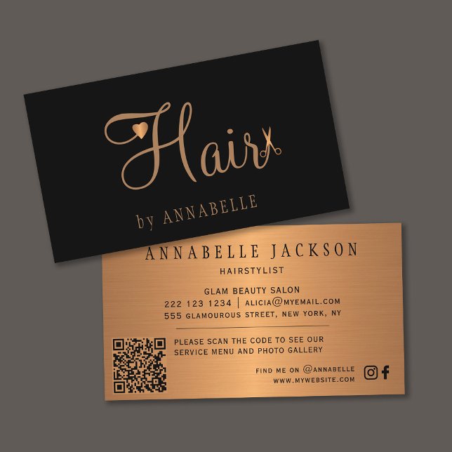 QR CODE Haarsalon schwarz Gold Metallhaarstyllisch Visitenkarte (Von Creator hochgeladen)
